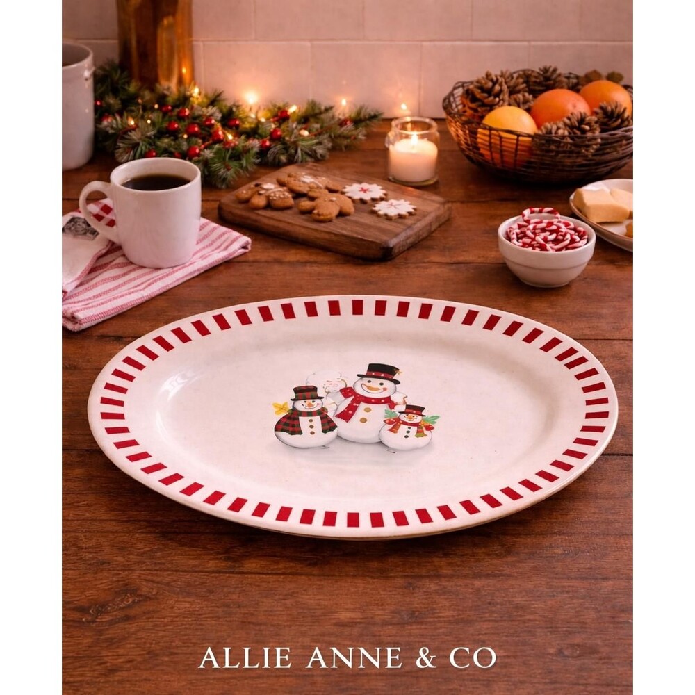 Trisa Snowman Oval Serving Platter | Christmas Stoneware Dish | Holiday Tablewar